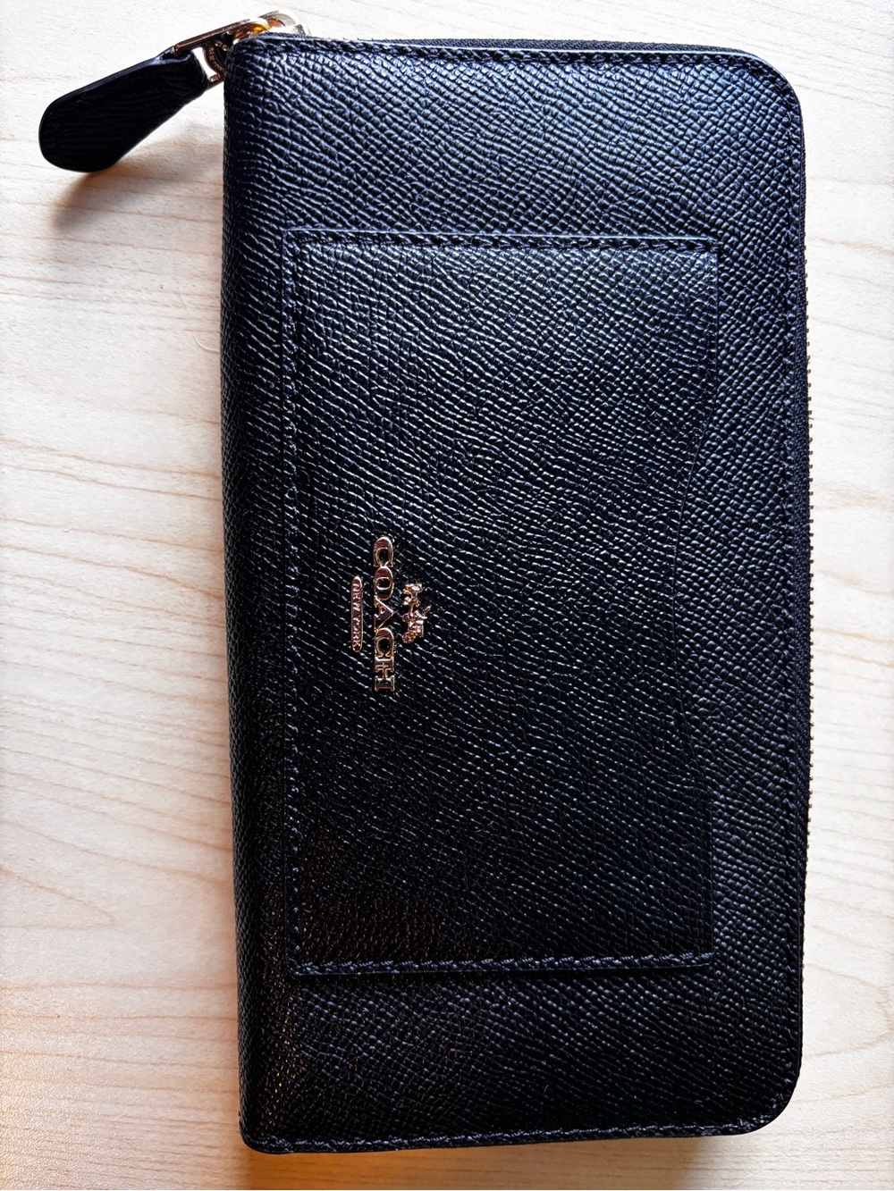 Coach Black Textured Zip Wallet with Gold Logo